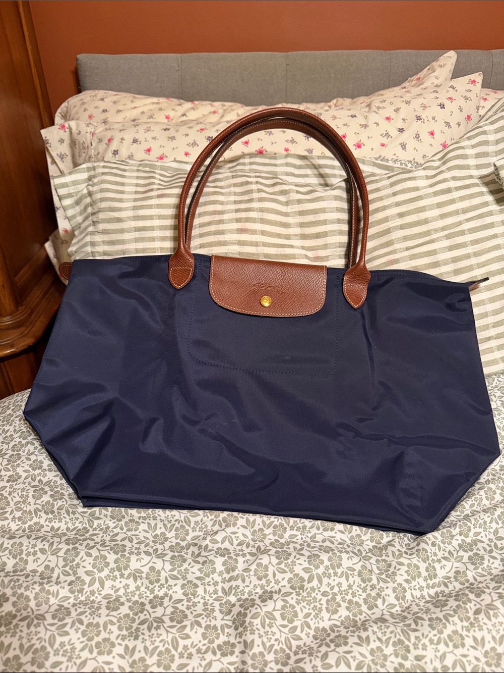 Longchamp Navy Tote with Brown Leather Trim